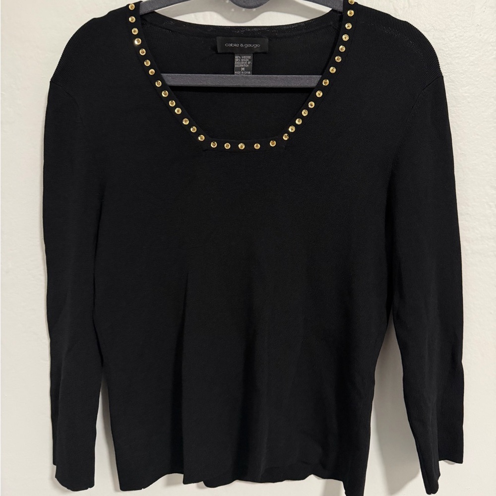 Cable & Gauge Black Long Sleeve Top with Gold Accents, Medium